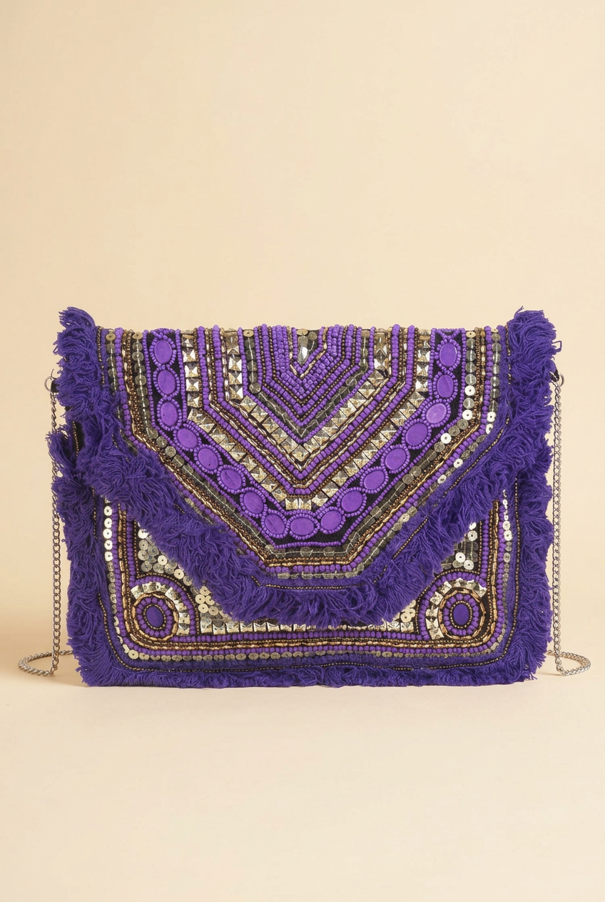 Purple Chevron beaded fringe clutch, cream studio