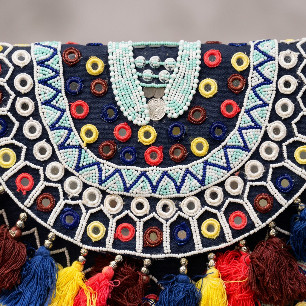 Navy mirror beadwork and tassels, AI-generated detail image