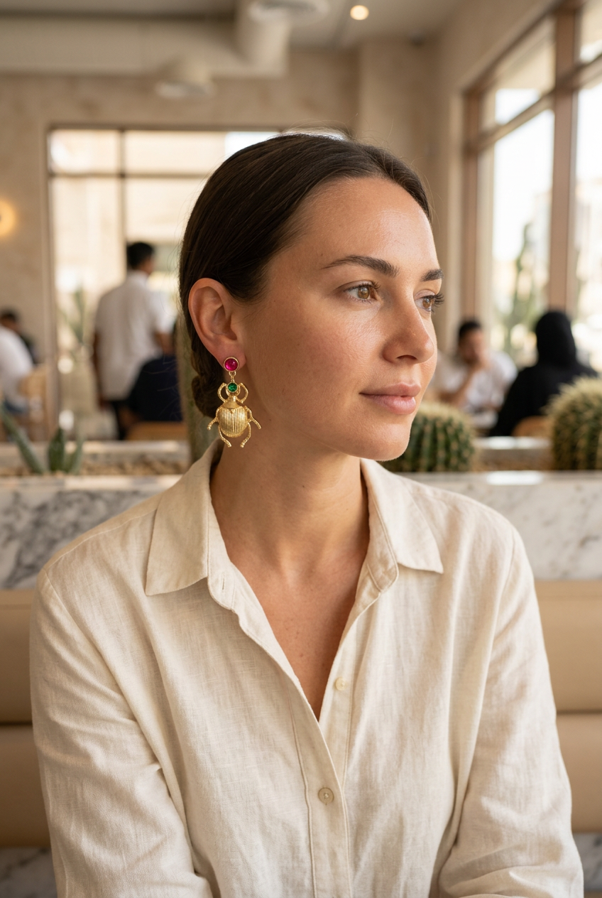 Gold beetle earrings worn with cream linen at a cafe