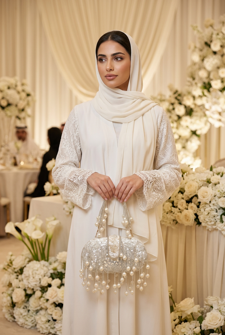 Pearl cascade sequin clutch held with a white lace-sleeve abaya at a wedding reception