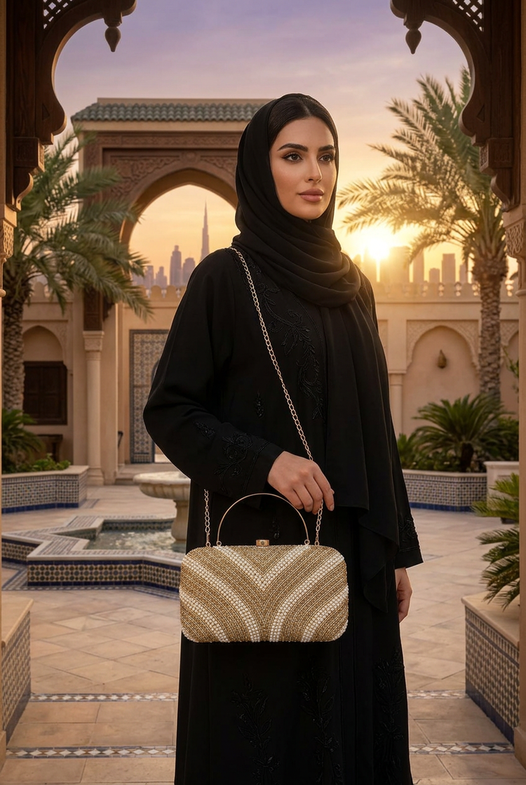 Pearl Contour Gold clutch styled with an abaya