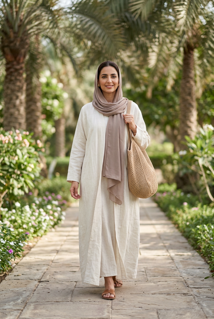 Natural beige openwork crochet shoulder bag worn with an ivory linen abaya and taupe shayla on a palm-lined garden path