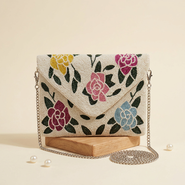Flora floral beaded envelope bag in cream studio setting