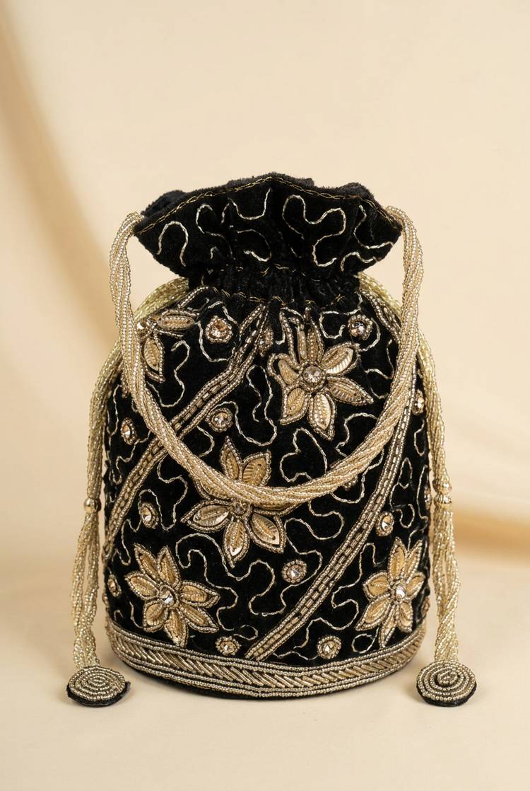 Midnight Botanica black floral beaded potli, front studio view