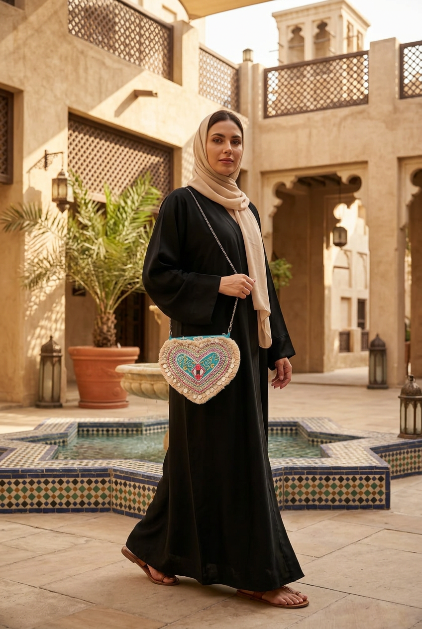 Dilara heart bag styled with a black abaya and sand shayla