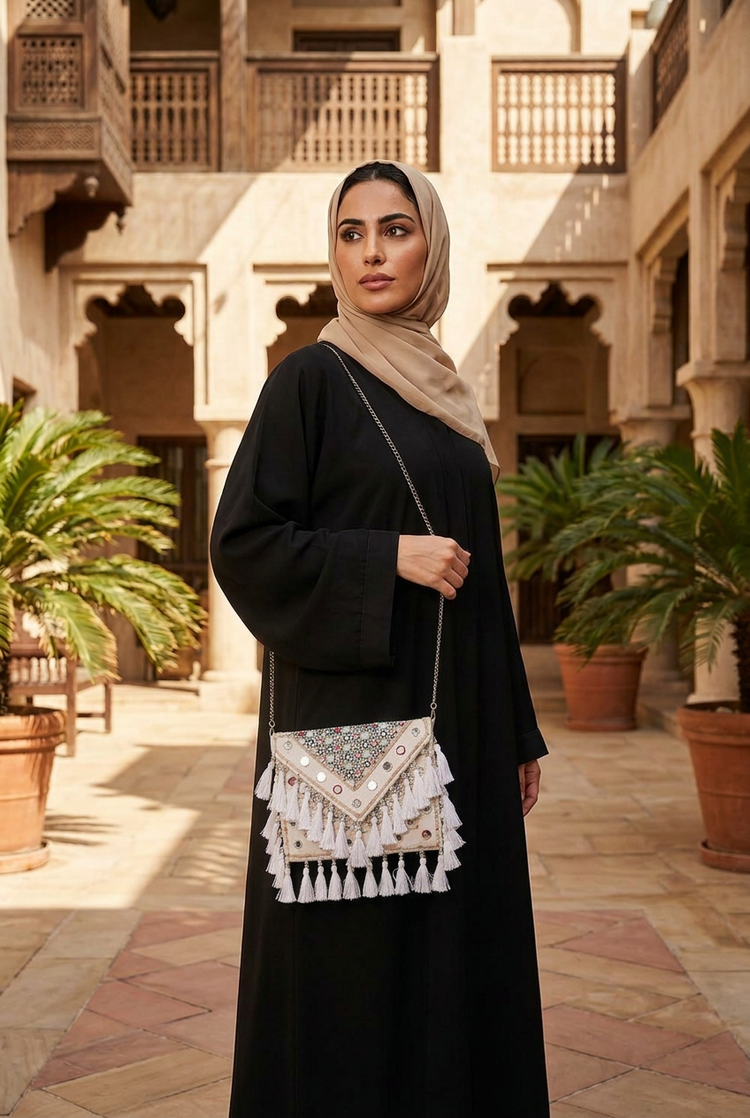 Ivory Muse bag styled with a black abaya and beige shayla
