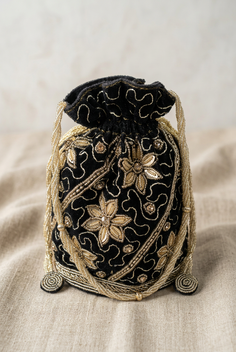 Midnight Botanica black floral beaded potli on linen