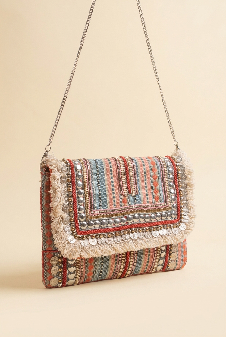 Desert Stripe woven coin and fringe clutch, studio