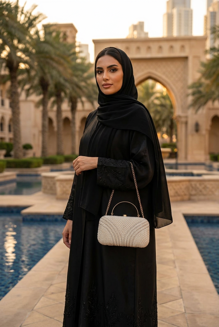 Pearl Arches ivory clutch styled with a black abaya