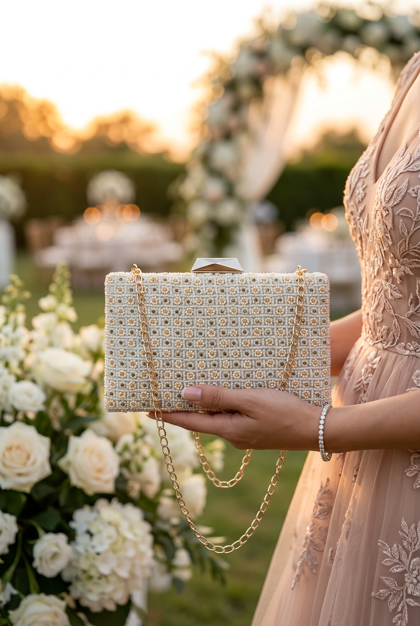 Pearl Trellis ivory beaded box clutch styled for a wedding
