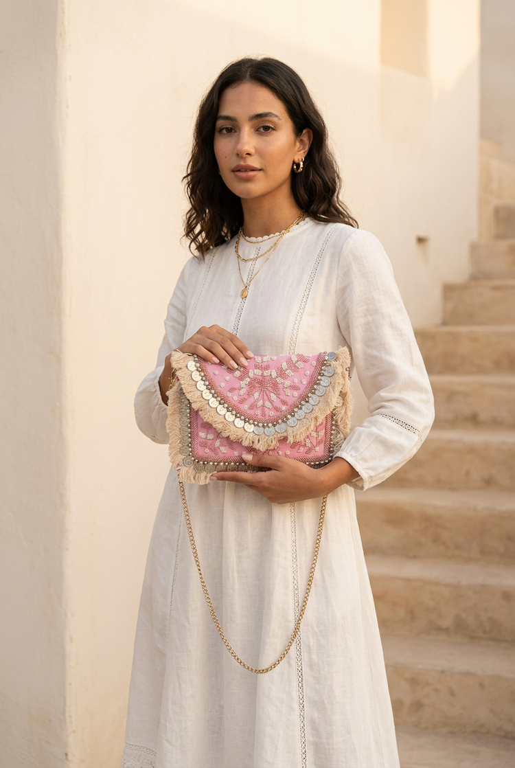 Woman in a white linen dress holding the pink coin fringe boho clutch