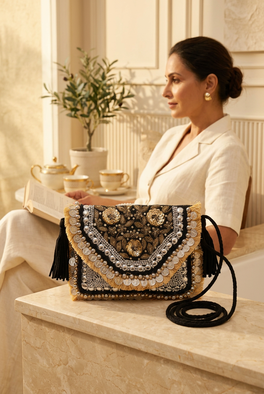 Golden Nocturne bag styled with ivory linen