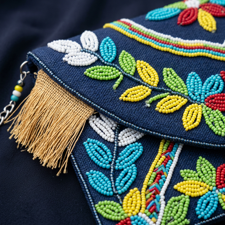 Multicolour leaf beadwork and golden-tan fringe, AI-generated detail image