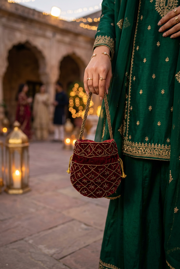 Burgundy mini potli styled with emerald festive occasionwear