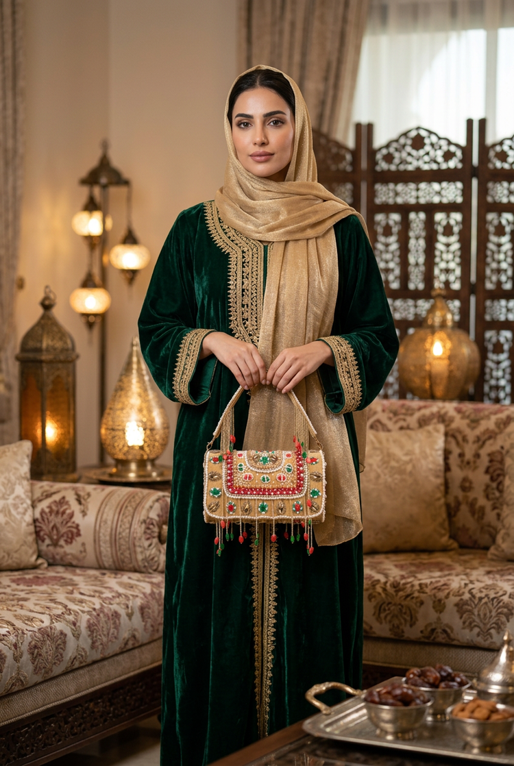 Jewelled gold tassel bag held with an emerald velvet abaya and gold shayla at an Eid majlis