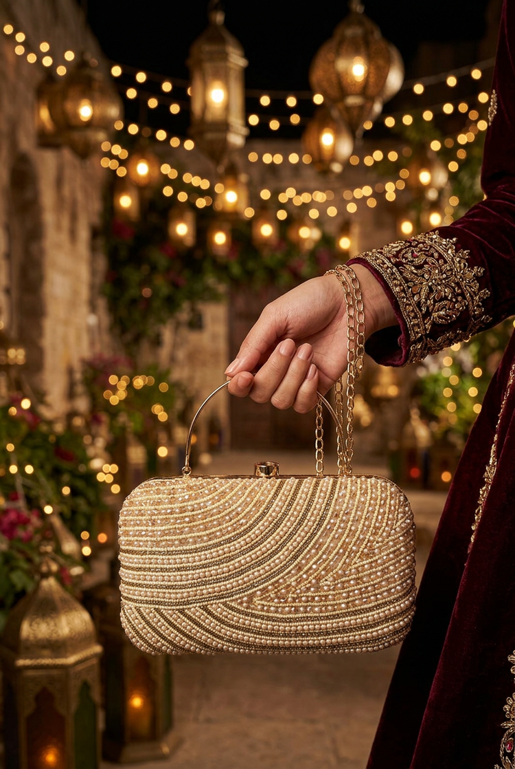 Satin Current Gold wave beaded clutch at a festive celebration