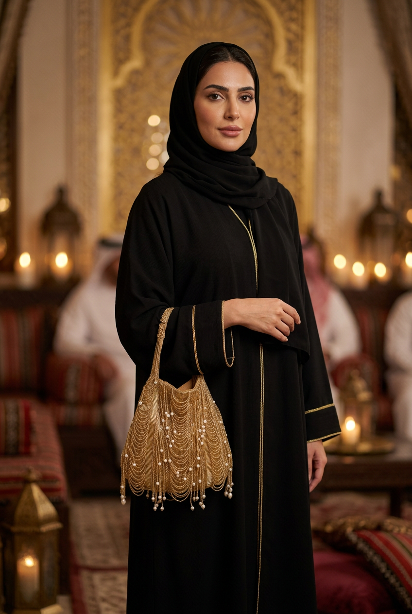 Small gold beaded drawstring bag with pearl tassels on the wrist of a woman in a black gold-trimmed abaya at an evening majlis