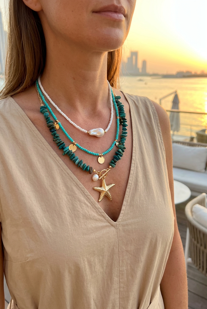 Turquoise beaded starfish necklace worn on a waterfront terrace