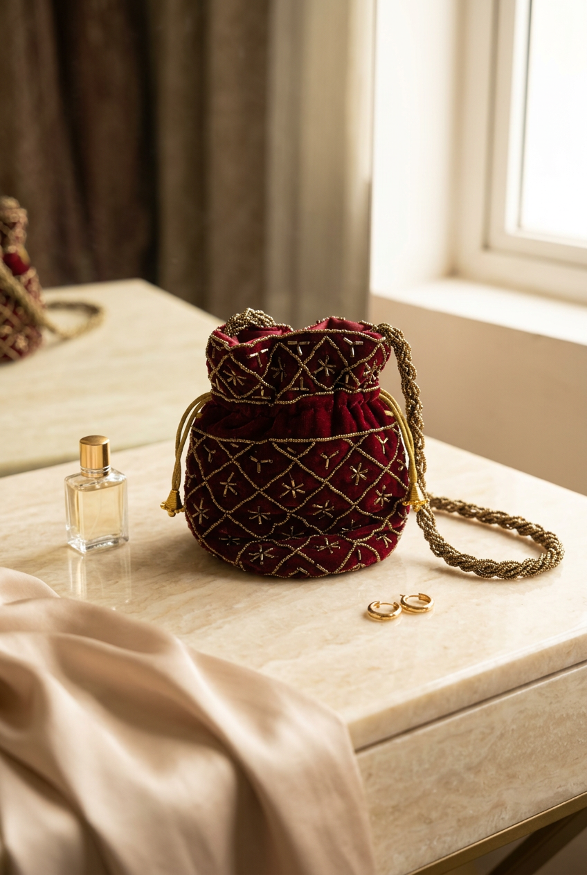 Burgundy mini potli accessories still life
