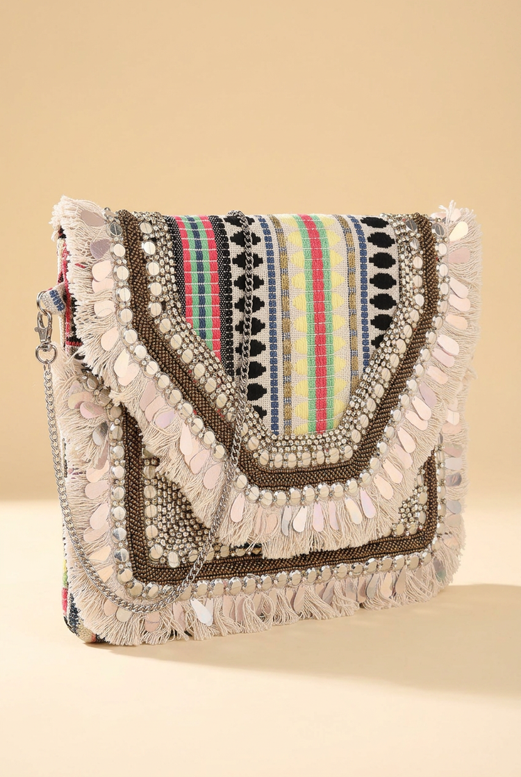 Festival Shine striped sequin and fringe bag, studio