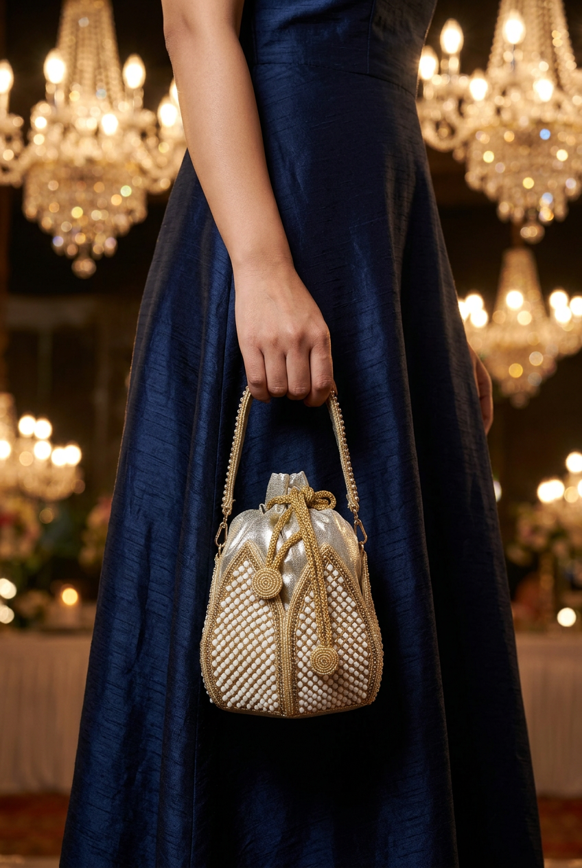 Gilded Petal potli with navy reception gown