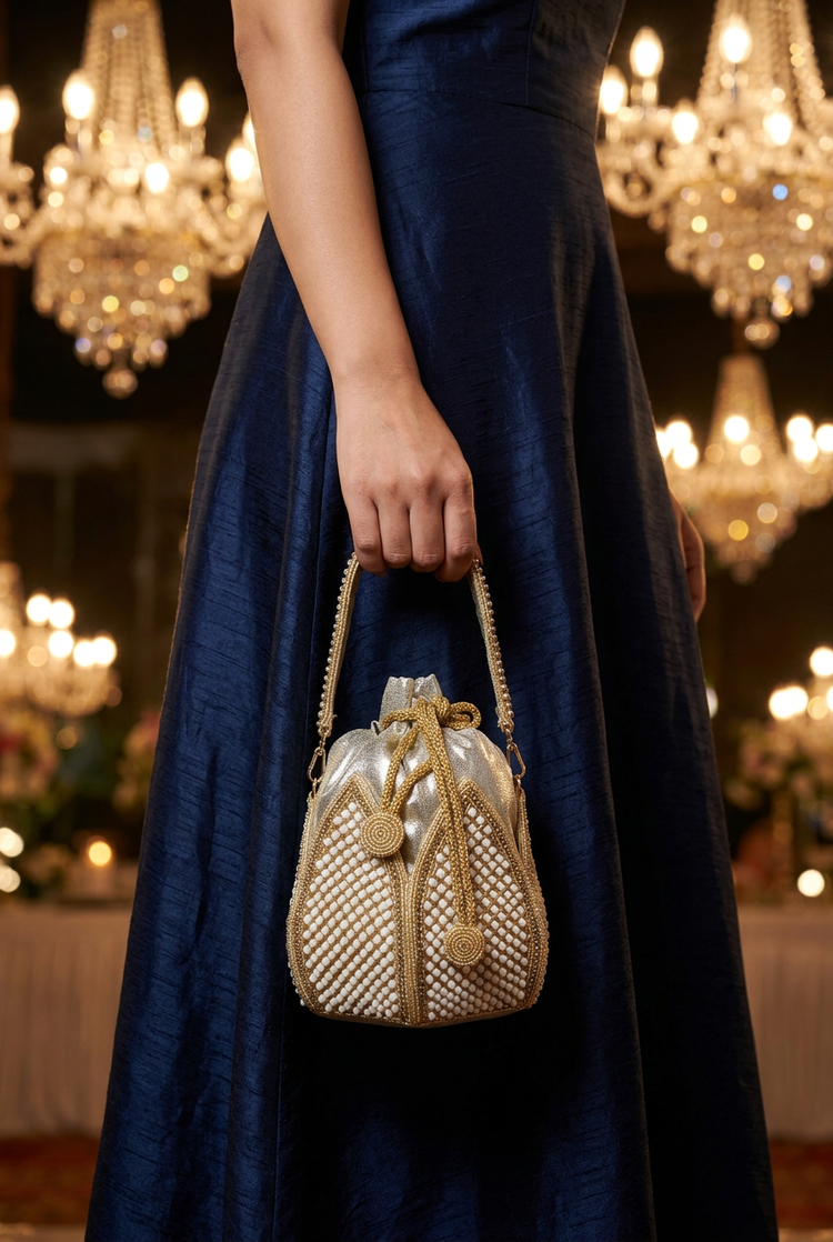 Gilded Petal potli with navy reception gown