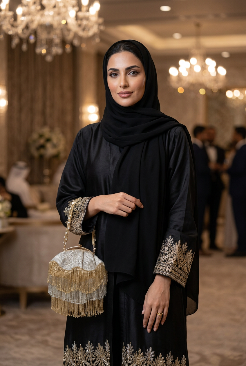 Gold and silver tiered fringe evening bag held with a black gold-embroidered abaya at an evening reception