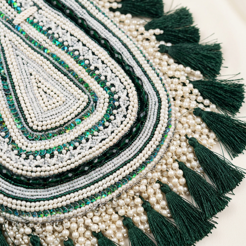 Detail of pearl-look beads, sequins and green tassels on boho bag