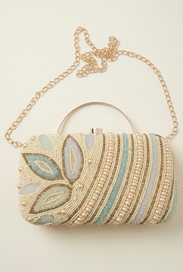 Pearl Botanica leaf and wave beaded sling bag, front studio