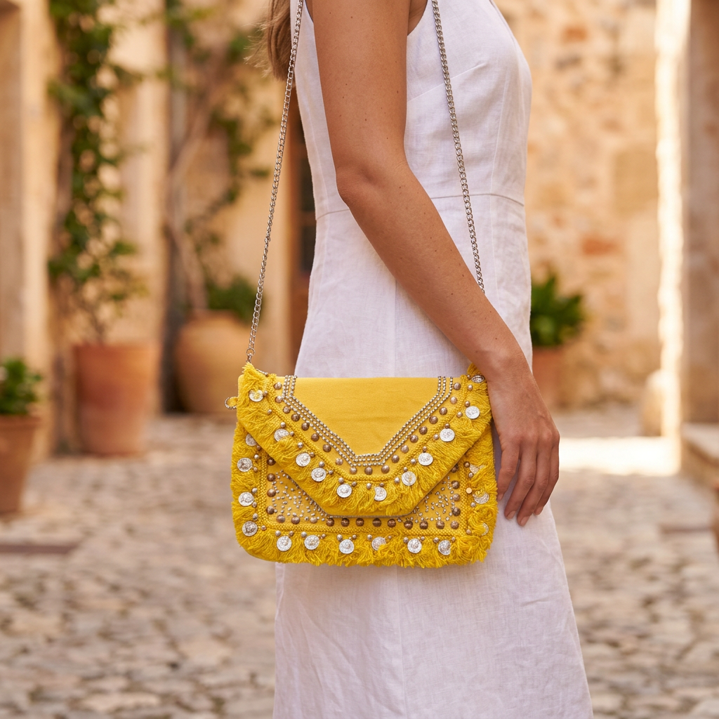 Yellow boho clutch worn with white linen and silver chain, AI-generated lifestyle image