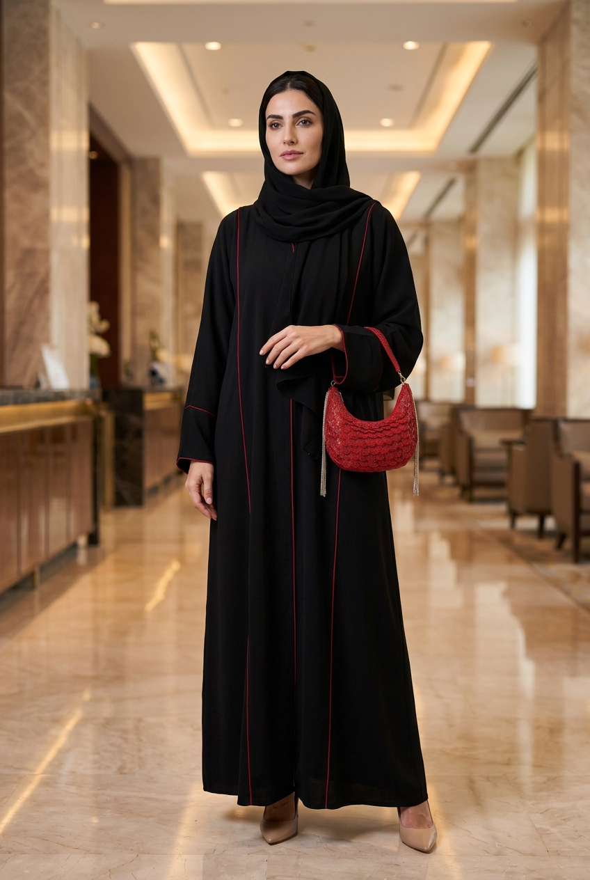 Small red beaded crescent bag on the wrist of a woman in a black abaya with red piping