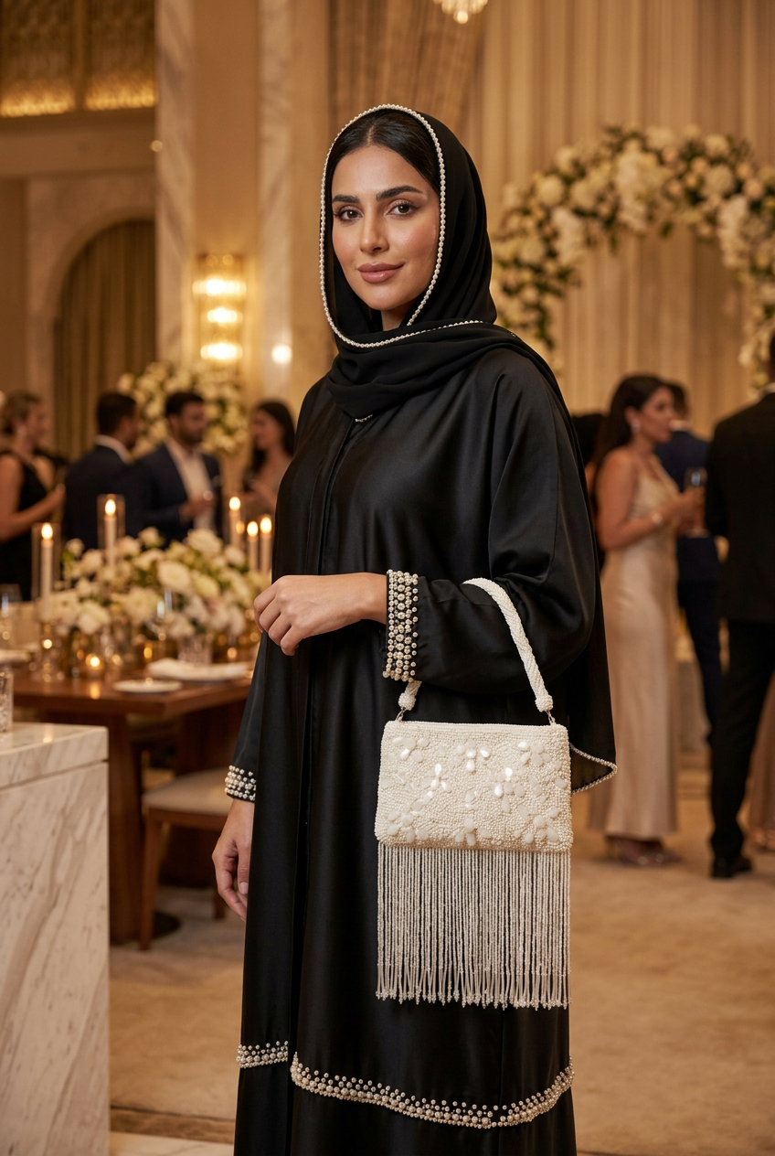 Ivory beaded fringe evening bag carried with a black pearl-trimmed abaya at a wedding reception