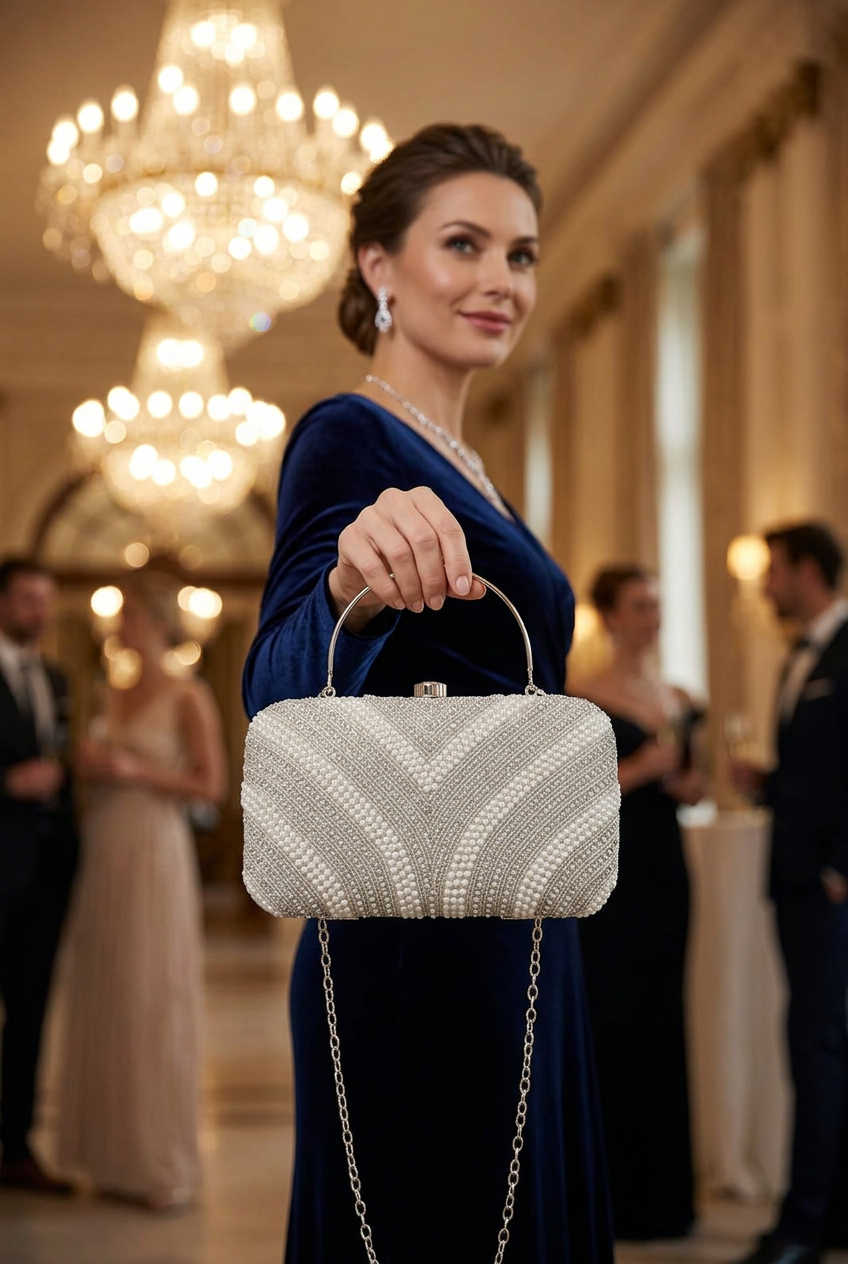 Pearl Contour Silver clutch at an evening reception