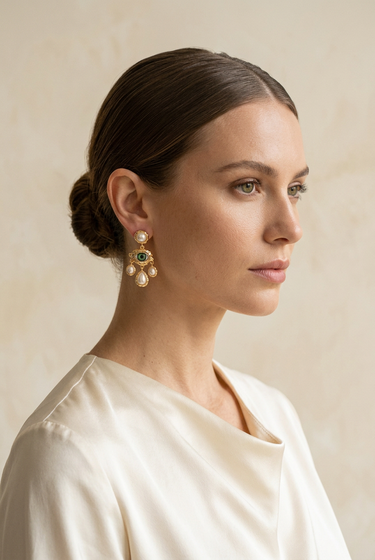 Woman in a cream blouse wearing small pearl eye gold drop earrings