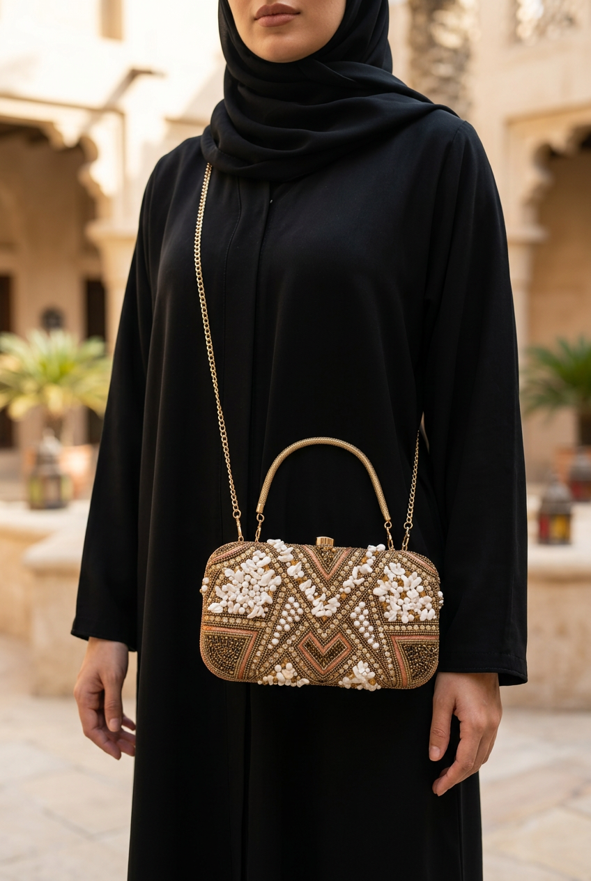 Bronze Mosaic sling bag worn with black abaya