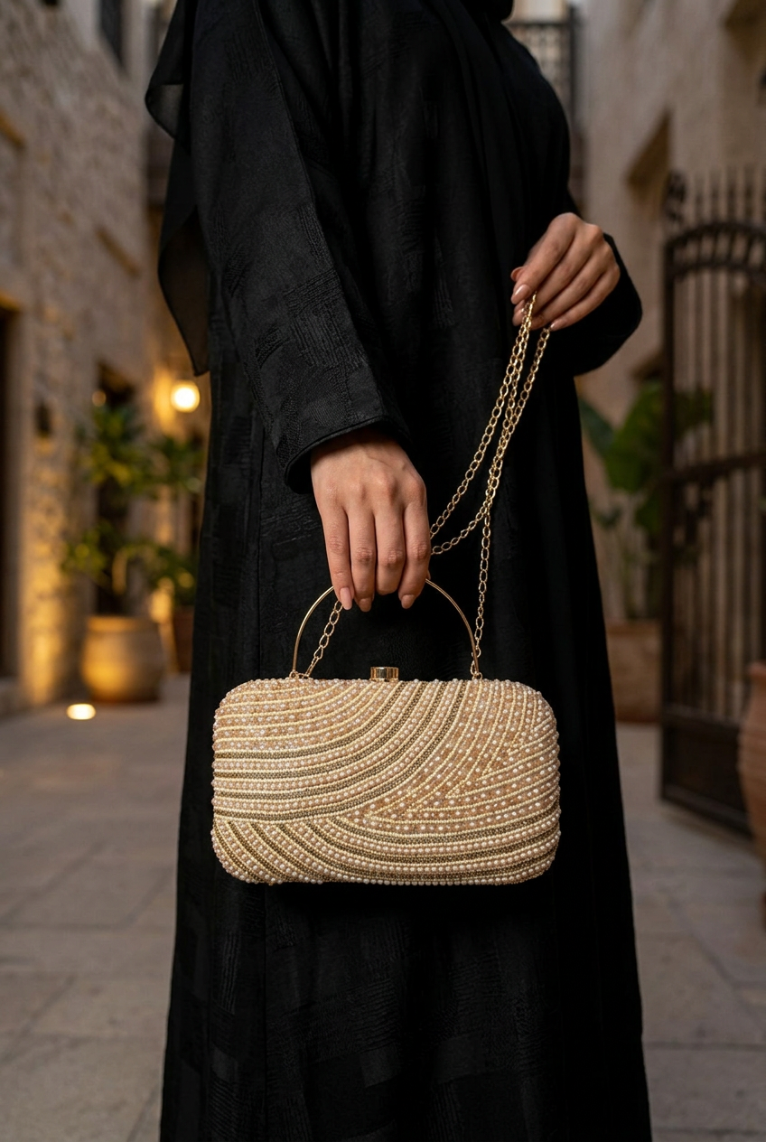 Satin Current Gold wave beaded clutch styled with an abaya