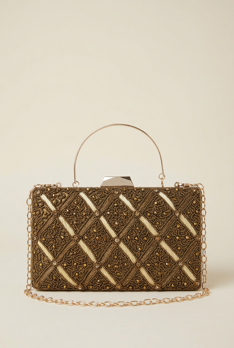 Bronze Quadrant diamond beaded sling bag, front studio view