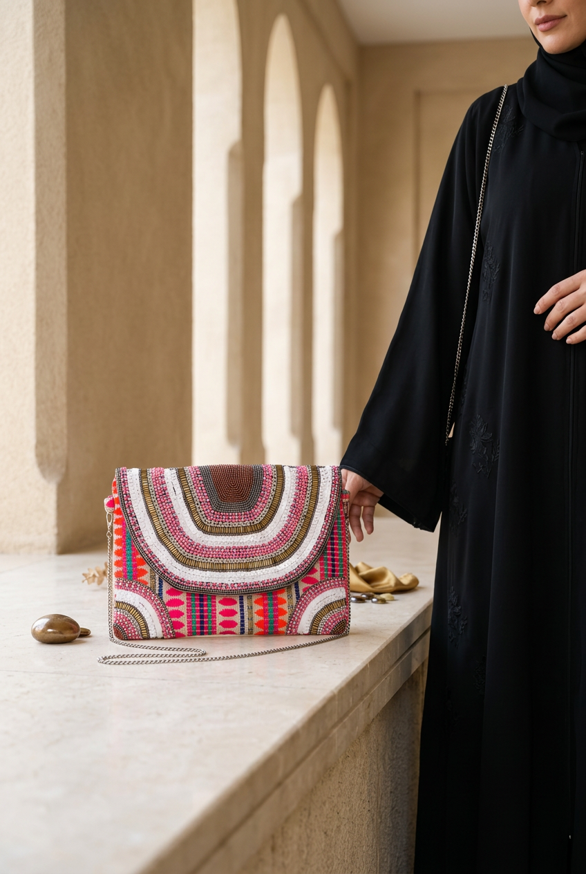 Pink Reverie bag styled with black abaya
