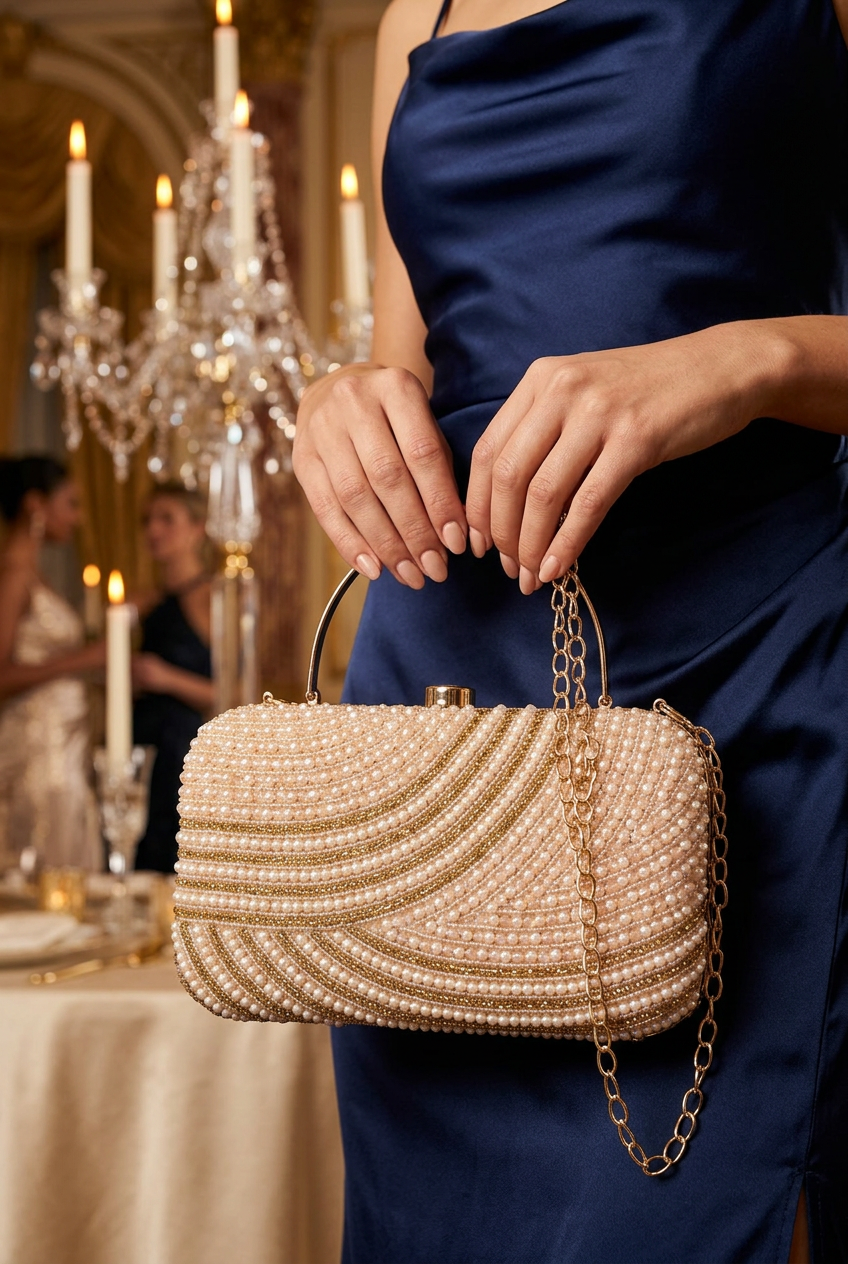 Satin Current Beige wave beaded clutch at an evening reception
