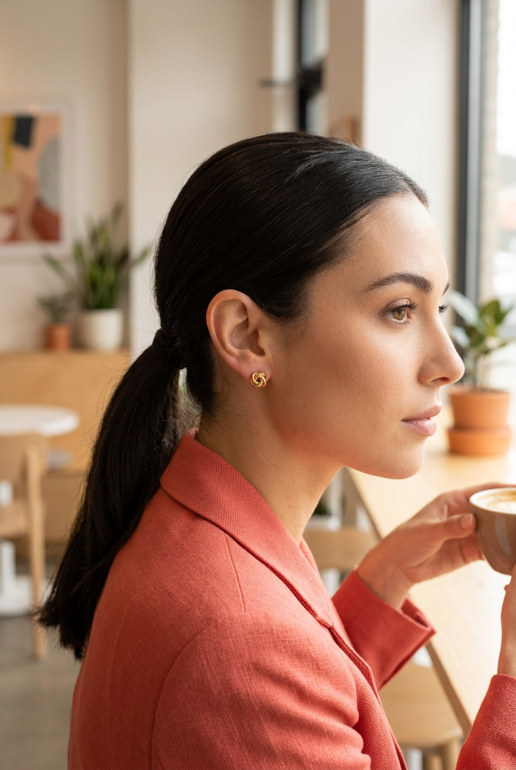 Gold love knot studs worn with a coral blazer at a cafe