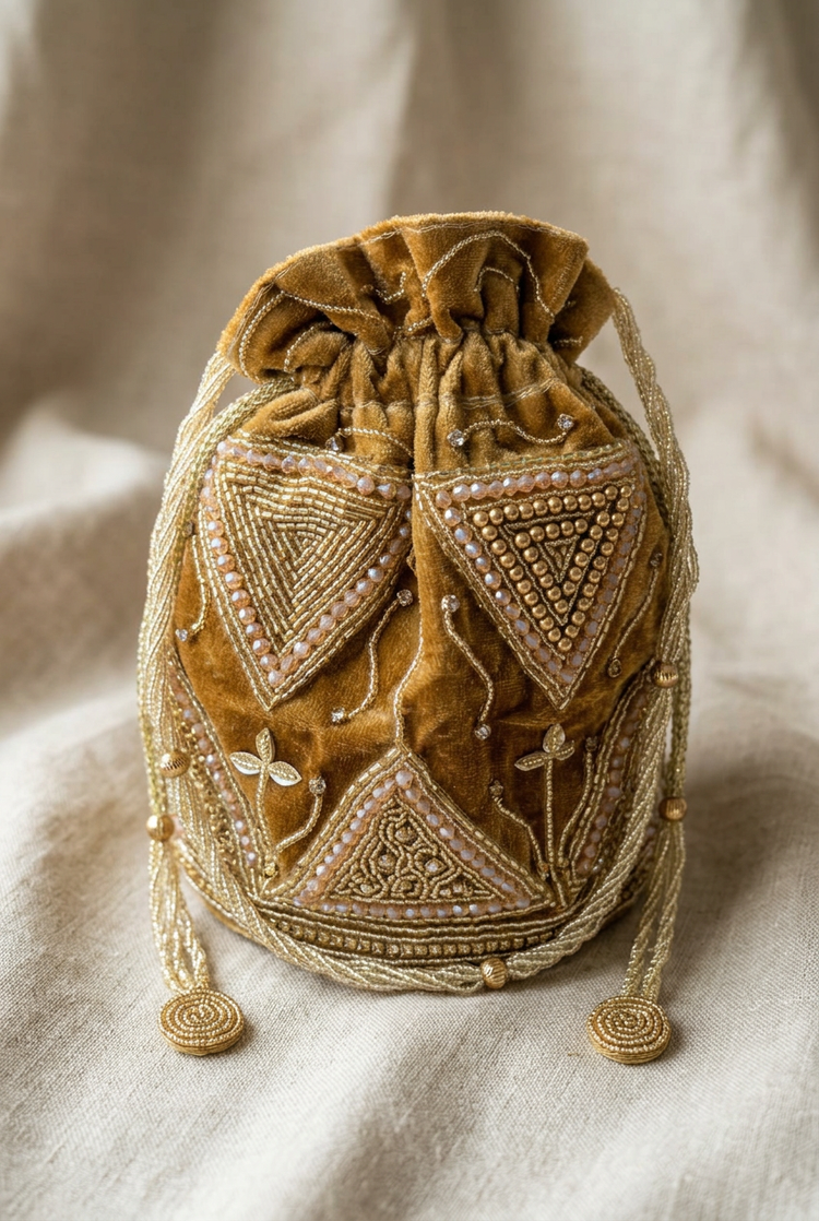 Golden Prism gold geometric beaded potli on linen