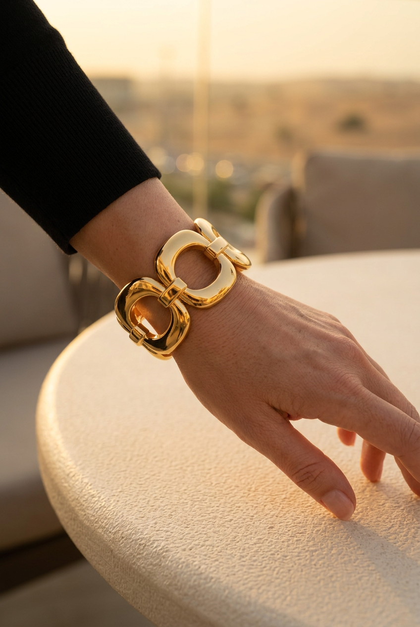 Sculpted oval-link gold bracelet worn with black on an evening terrace