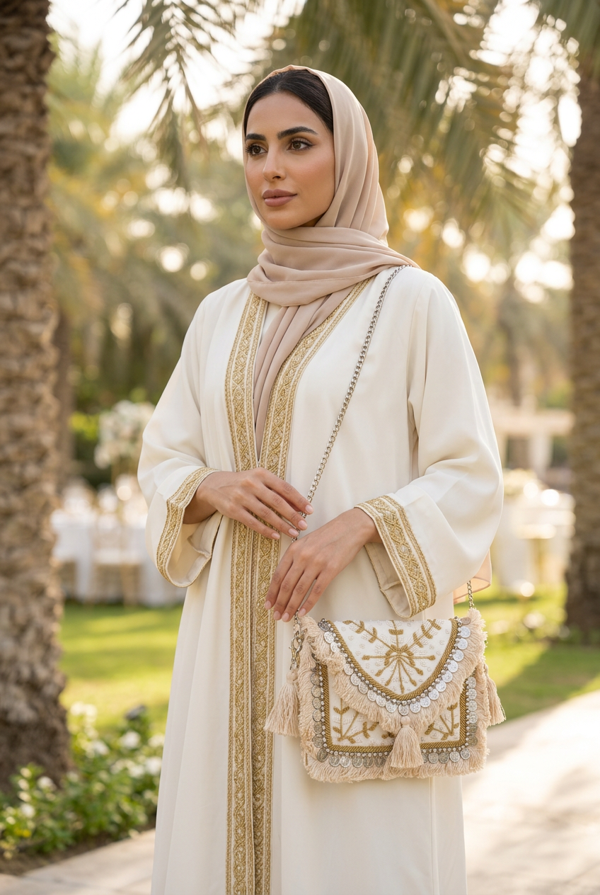Ivory and gold coin fringe clutch worn on its chain with an ivory gold-trimmed abaya at a garden party