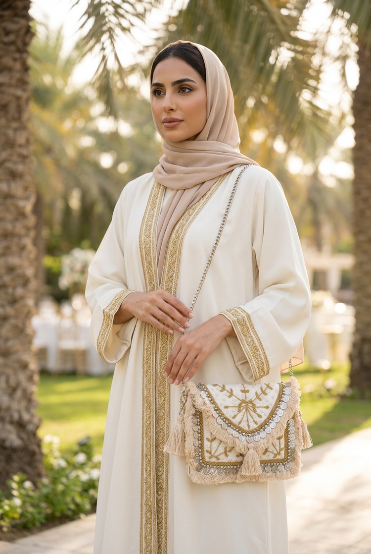 Ivory and gold coin fringe clutch worn on its chain with an ivory gold-trimmed abaya at a garden party