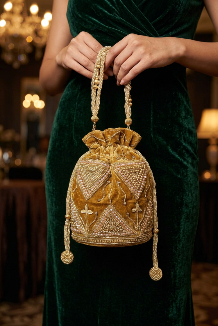 Golden Prism gold geometric beaded potli styled with evening wear