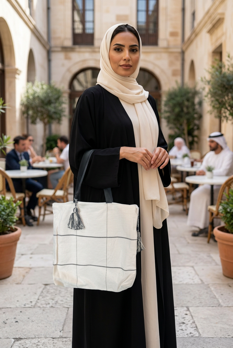 Cream and black grid woven tote carried with a black open abaya and cream shayla in a courtyard cafe