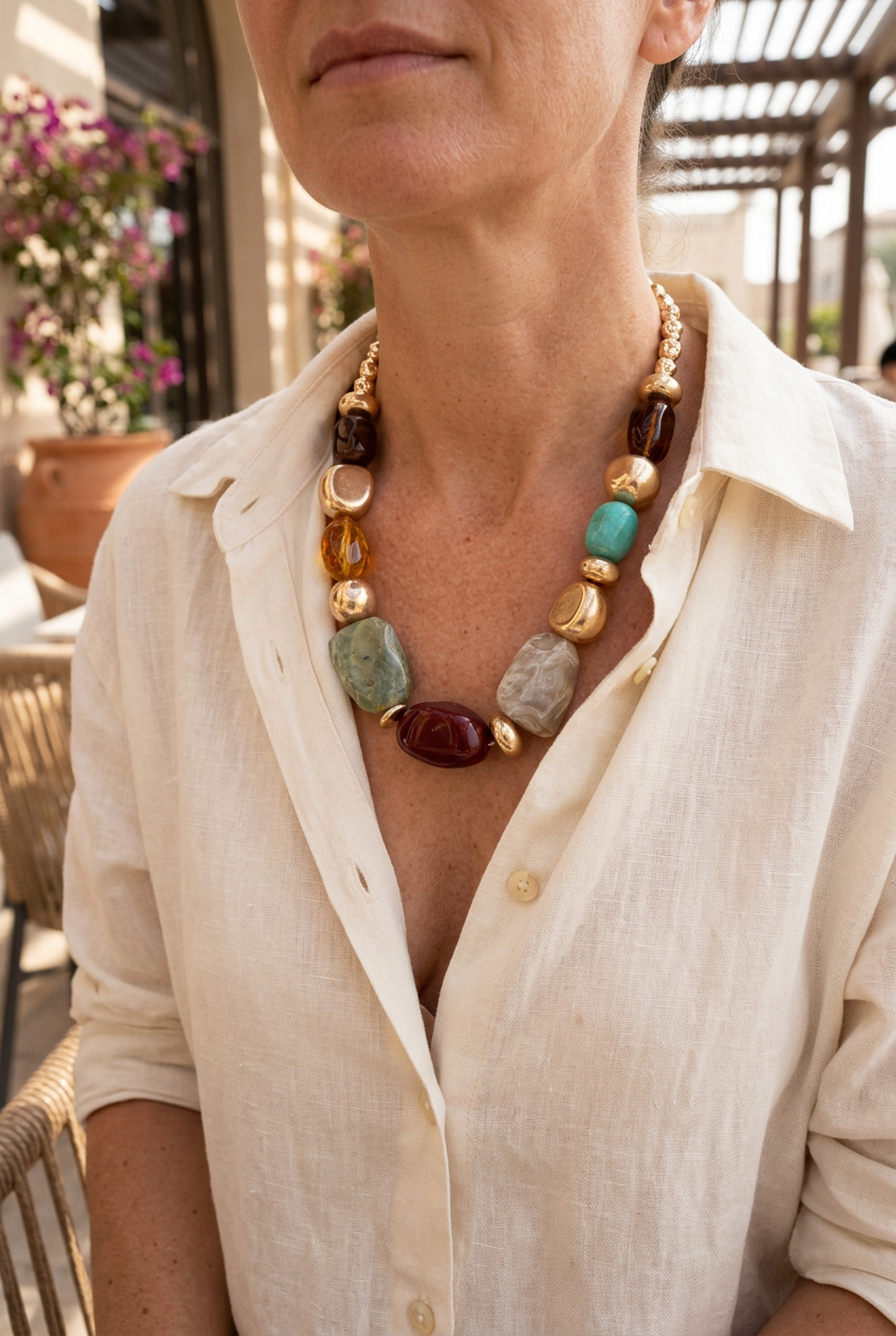 Medium-size multicolour faceted bead necklace worn with cream linen