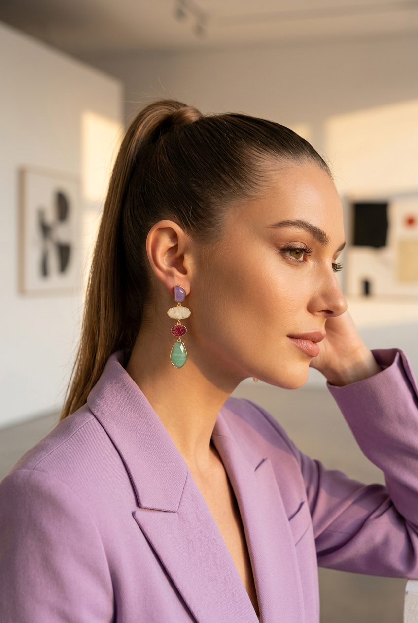 Pastel stone gold drop earrings worn with a lilac blazer