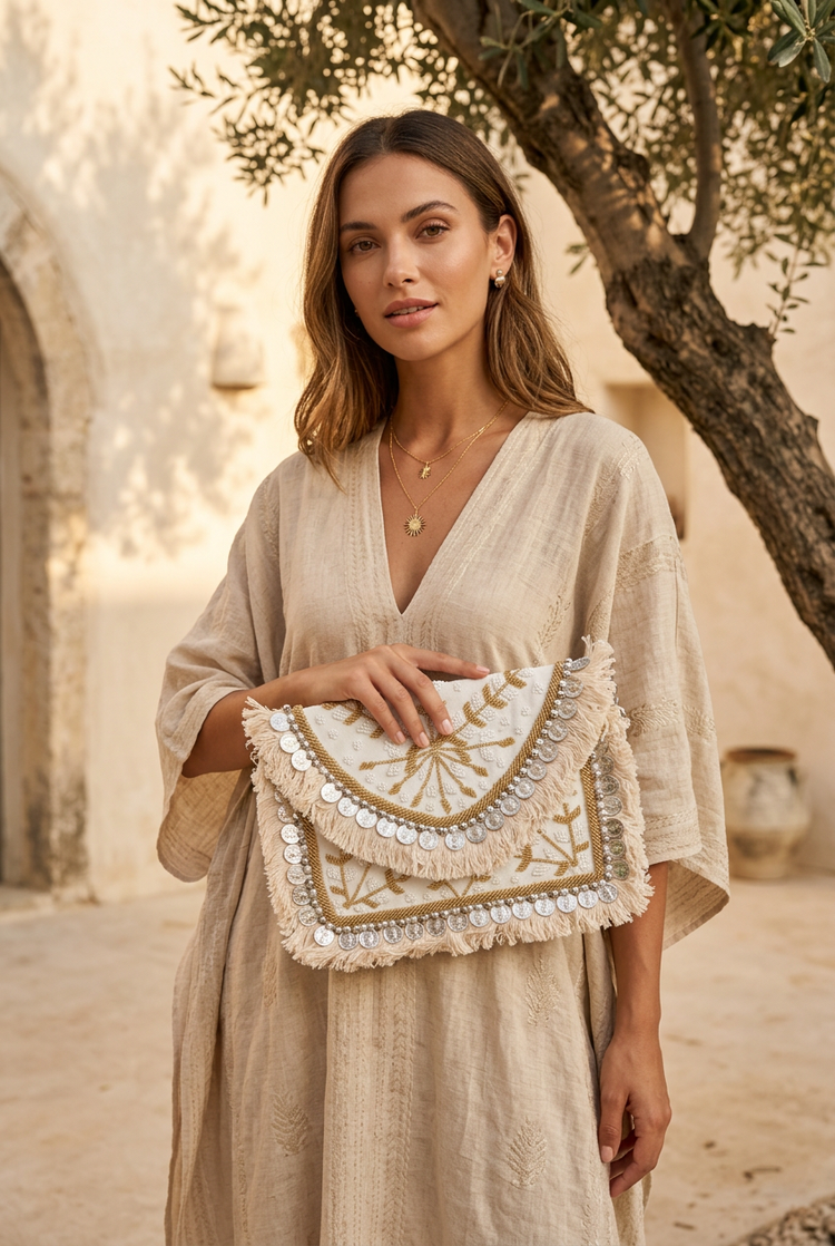 Woman in a beige kaftan holding the ivory and gold coin fringe boho clutch