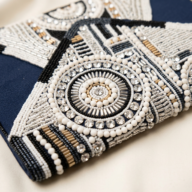 Close-up of navy clutch geometric beadwork and sunburst motif